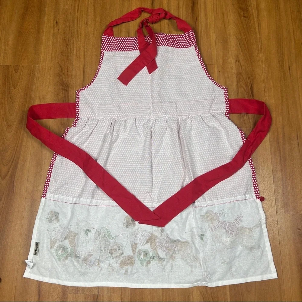 Pier 1 Imports Christmas Dogs Apron Red Polka Dot Holiday Kitchen Cotton Pom Pom